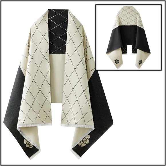 Anthro Kerri Flower Poncho Scarf  Black & Cream - Picture 1 of 9